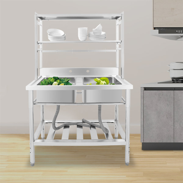 YINXIER 35.8'' L Freestanding Double Bowl Stainless Steel Kitchen Sink | Wayfair